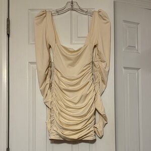 Oh Polly “Flatter Me” Long Sleeve Ruched Mini Dress in Oyster- Bodycon